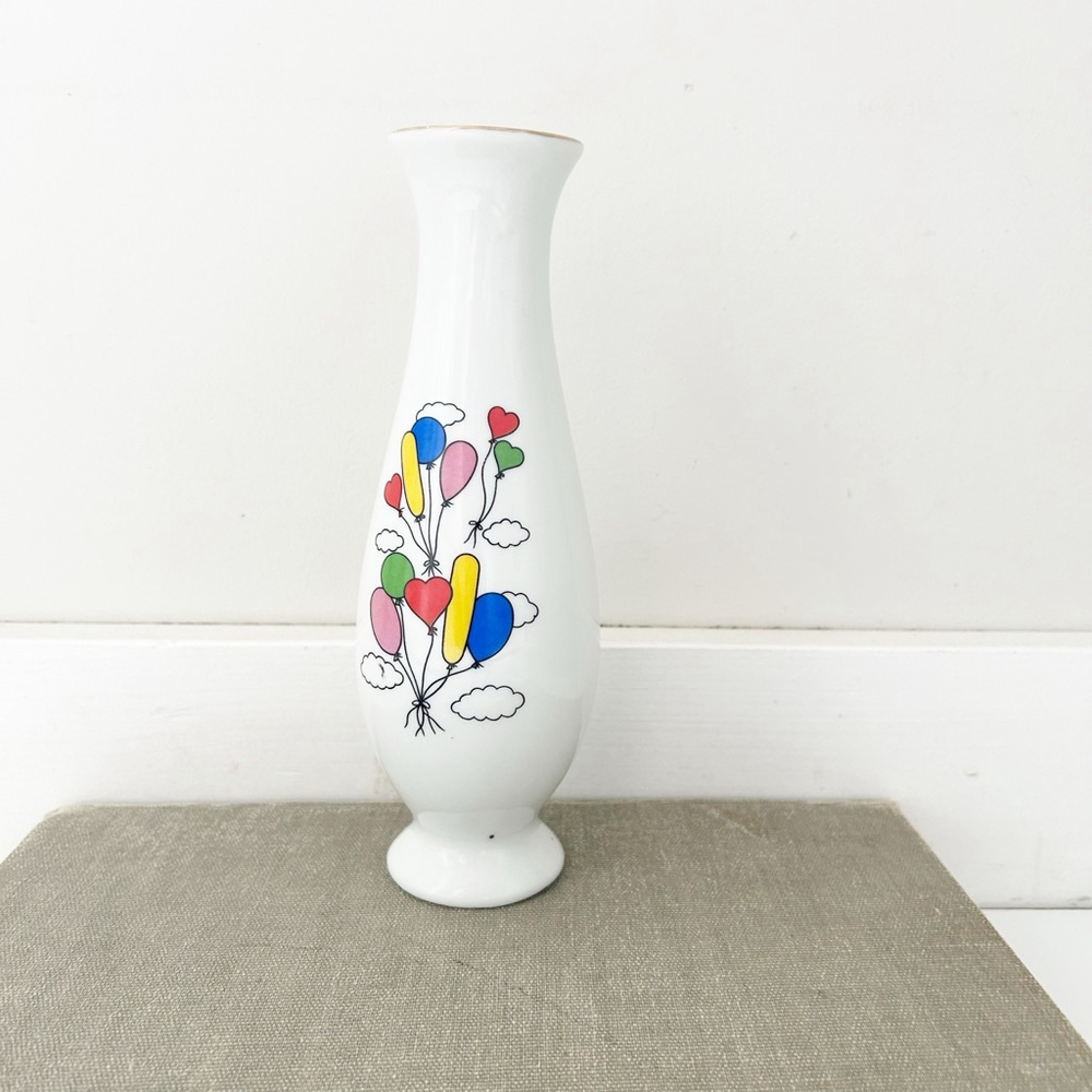 Vintage 90’s Porcelain Vase White with Colourful Balloon Design Playful Prints
